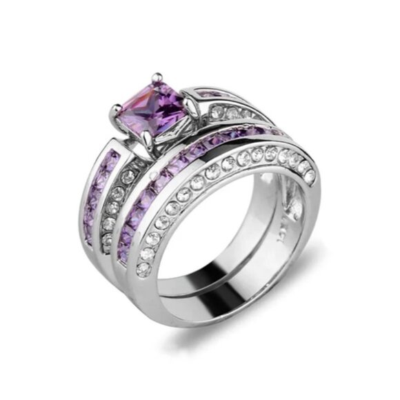Beautiful Silver Two Piece Purple & Zirconia Ring - Picture 1 of 2